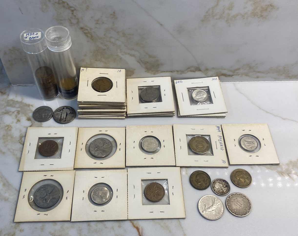 Photo 1 of COINS-20 WHEAT PENNIES, 20 OLD PENNIES, 4 OLD NICKELS, 3 SILVER DIMES, 13 FOREIGN COINS & 1 90% SILVER QUARTERS & BUFFALO NICKEL