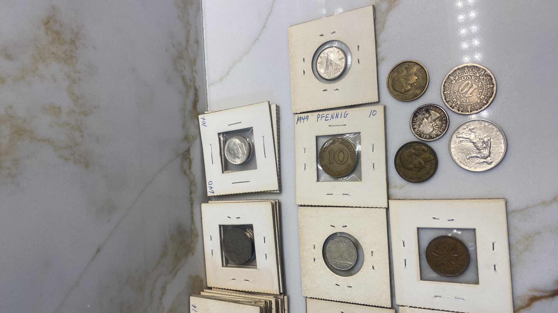 Photo 1 of COINS-20 WHEAT PENNIES, 20 OLD PENNIES, 4 OLD NICKELS, 3 SILVER DIMES, 13 FOREIGN COINS & 1 90% SILVER QUARTERS & BUFFALO NICKEL