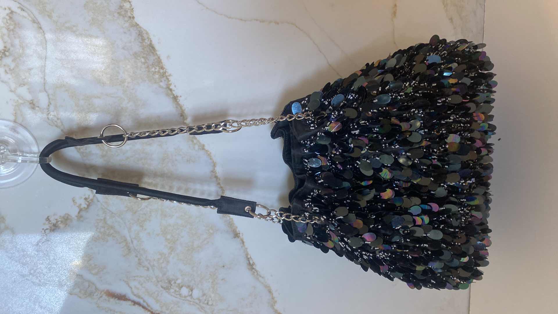 View 1 of BEADED WITH LARGE SEQUINS. SHOULDER HAND BAG 13” x 11” EXCLUDING HANDLES
