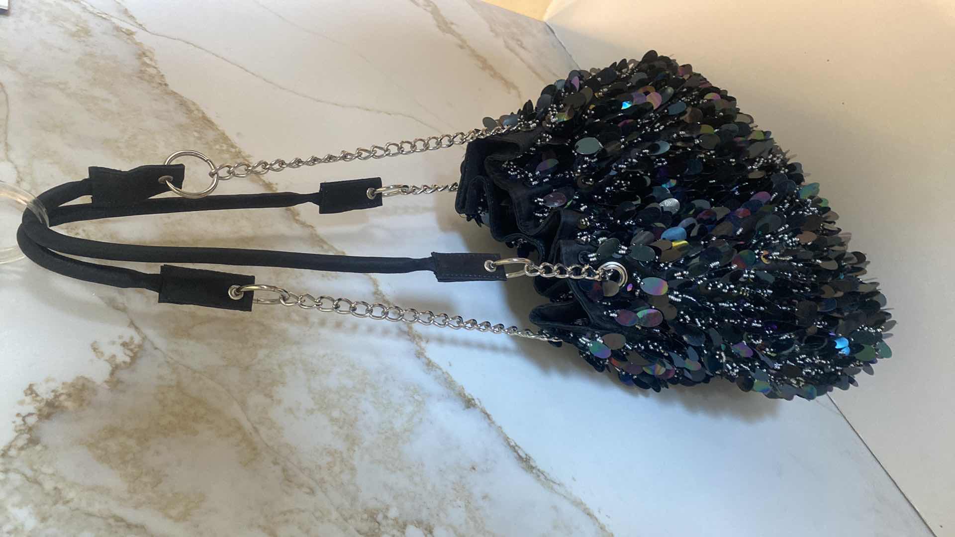 View 2 of BEADED WITH LARGE SEQUINS. SHOULDER HAND BAG 13” x 11” EXCLUDING HANDLES