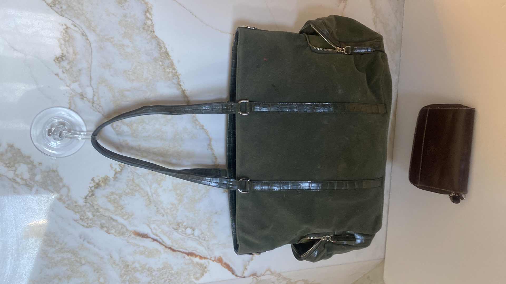 Photo 1 of REPLICA PRADA OLIVE GREEN SUEDE TOTE 16” x 13” EXCLUDING HANDLES & REPLICA PRADA WALLET (made in China)