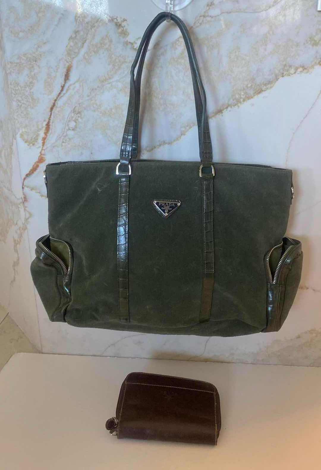 Photo 1 of REPLICA PRADA OLIVE GREEN SUEDE TOTE 16” x 13” EXCLUDING HANDLES & REPLICA PRADA WALLET (made in China)
