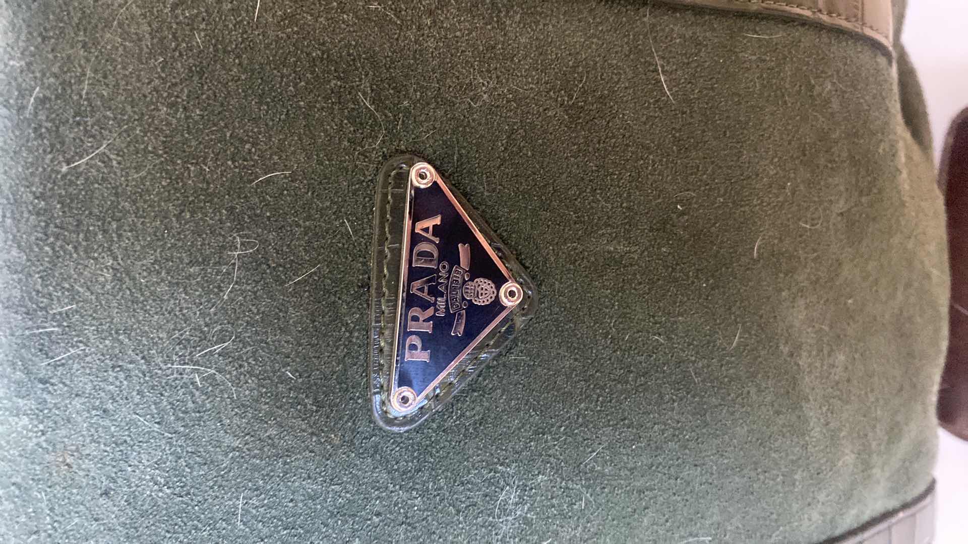 Photo 1 of REPLICA PRADA OLIVE GREEN SUEDE TOTE 16” x 13” EXCLUDING HANDLES & REPLICA PRADA WALLET (made in China)