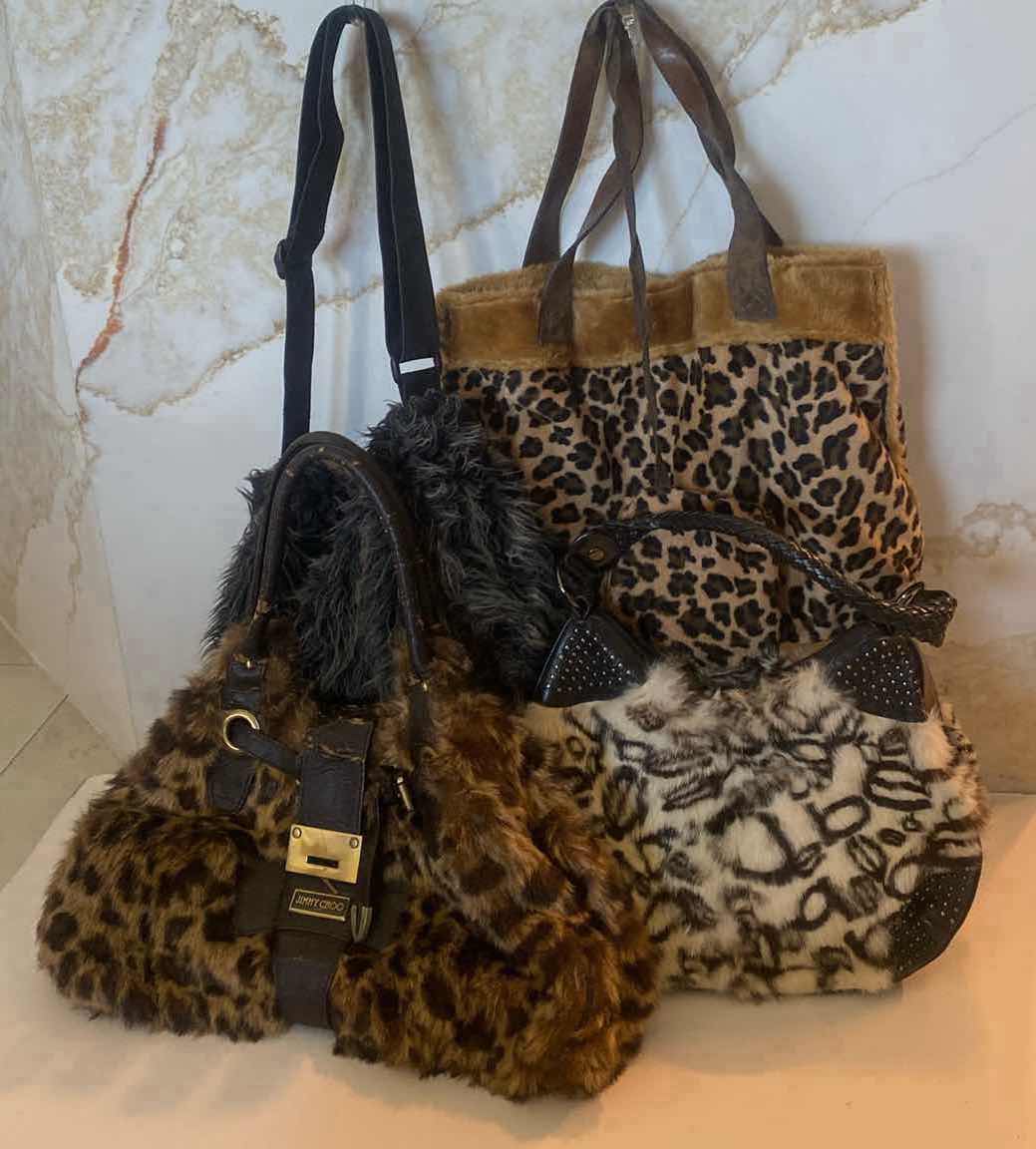 Photo 1 of 4 FAUX FUR HANDBAGS 1 BEBE (WHITE & BROWN), 1 JIMMY CHOO & 2 UNBRANDED