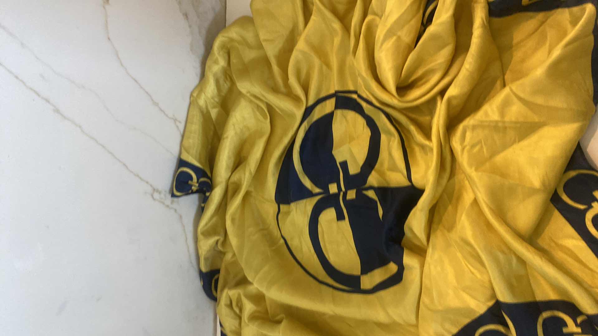 Photo 1 of GUCCI 100% SILK GOLD AND BLUE GG SCARF