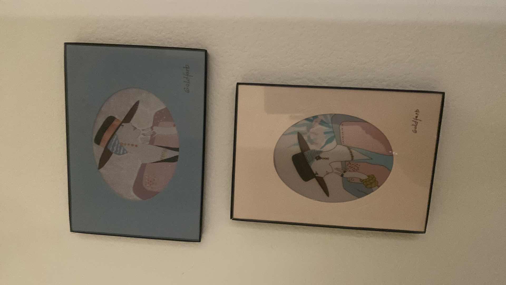 Photo 1 of 2-FRAMED SIGNED WOMEN W/HATS ARTWORK 7” x 5”