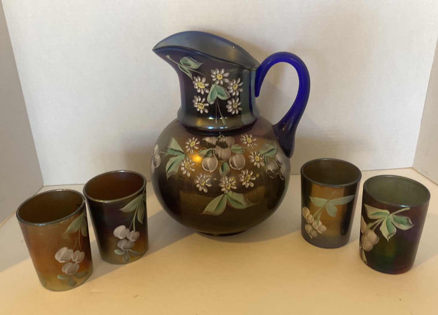 Photo 1 of  ANTIQUE FENTON CARNIVAL GLASS PITCHER & 4 HAND PAINTED GLASSES