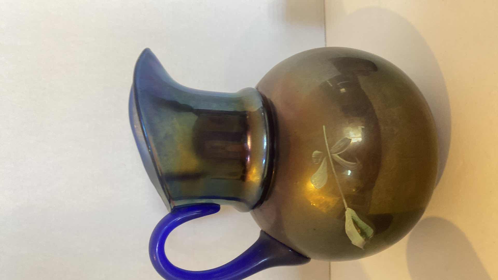 Photo 1 of  ANTIQUE FENTON CARNIVAL GLASS PITCHER & 4 HAND PAINTED GLASSES