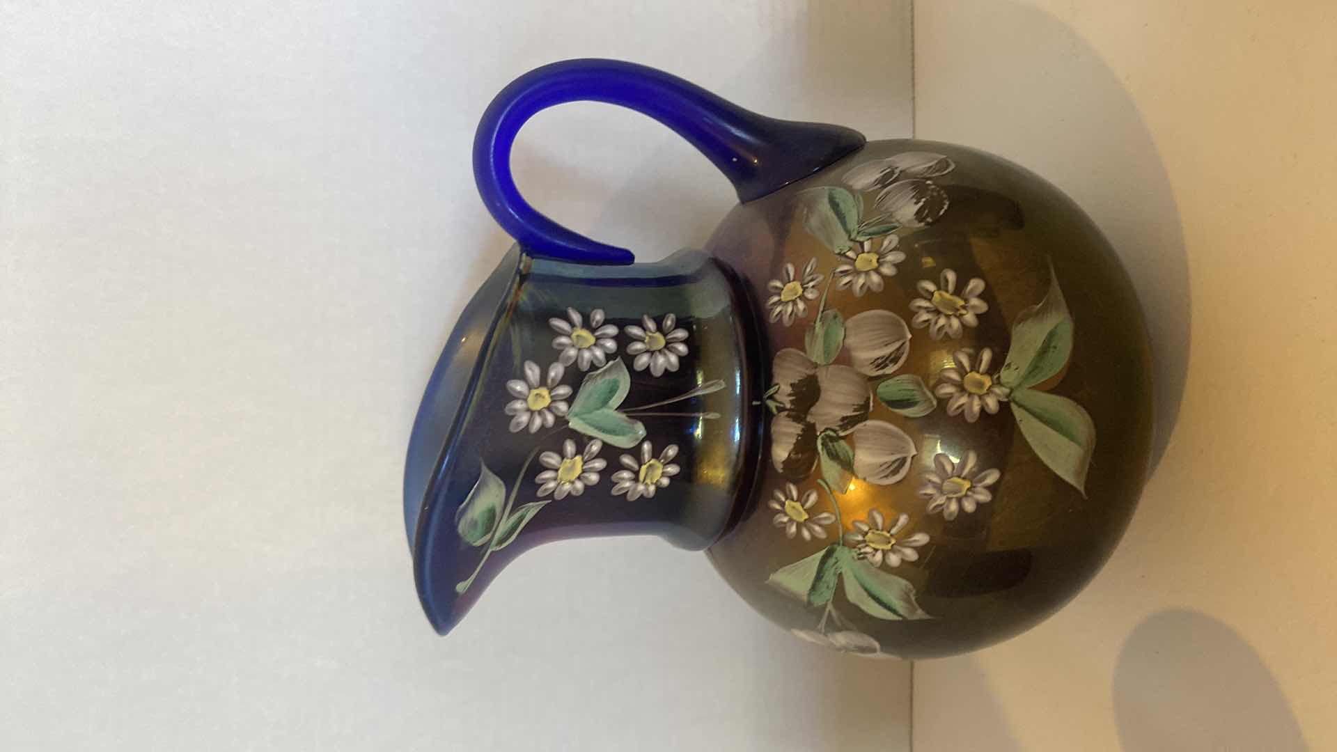 Photo 1 of  ANTIQUE FENTON CARNIVAL GLASS PITCHER & 4 HAND PAINTED GLASSES