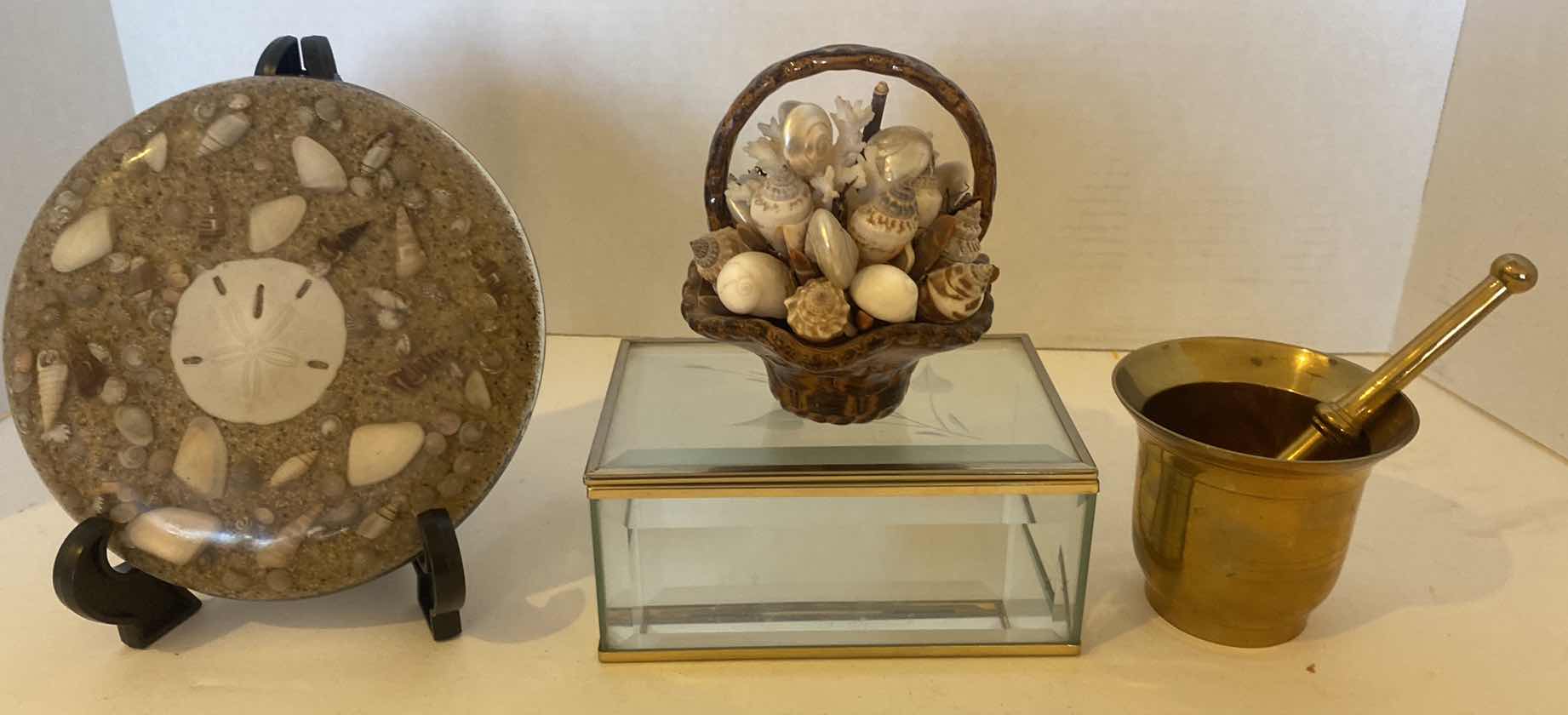 Photo 1 of 4 HOME DECOR-TRIVET SHELL BASKET GLASS BOX & BRASS BOWL