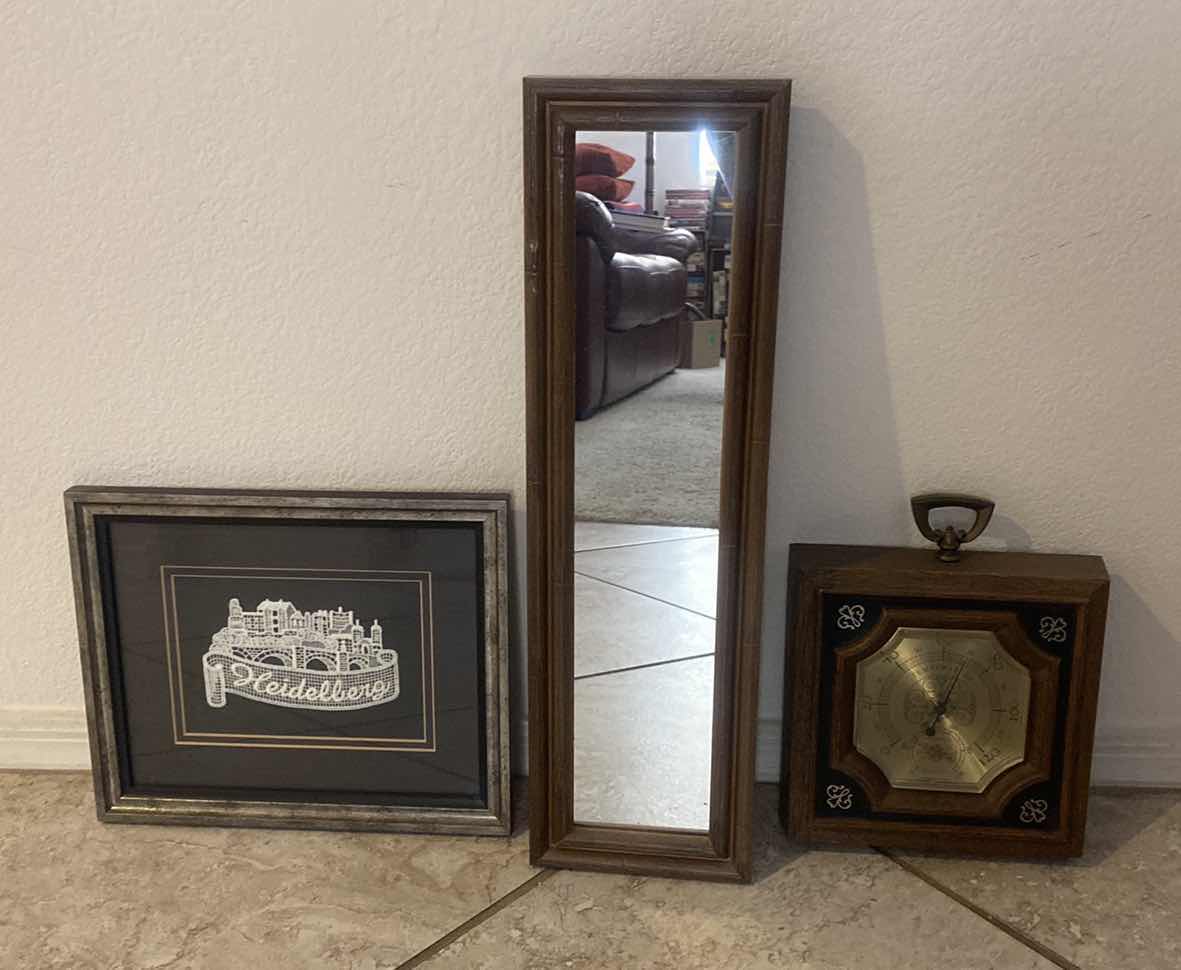 View 1 of 3 WALL DECOR-MIRROR BAROMETER & FRAMED HEIDELBERG ARTWORK 11” x 9 1/2”