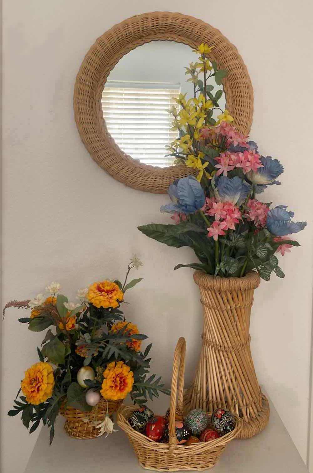 Photo 1 of 17” WICKER ROUND MIRROR 2 FLORALS & BASKET OF HAND PAINTED WOOD EGGS
