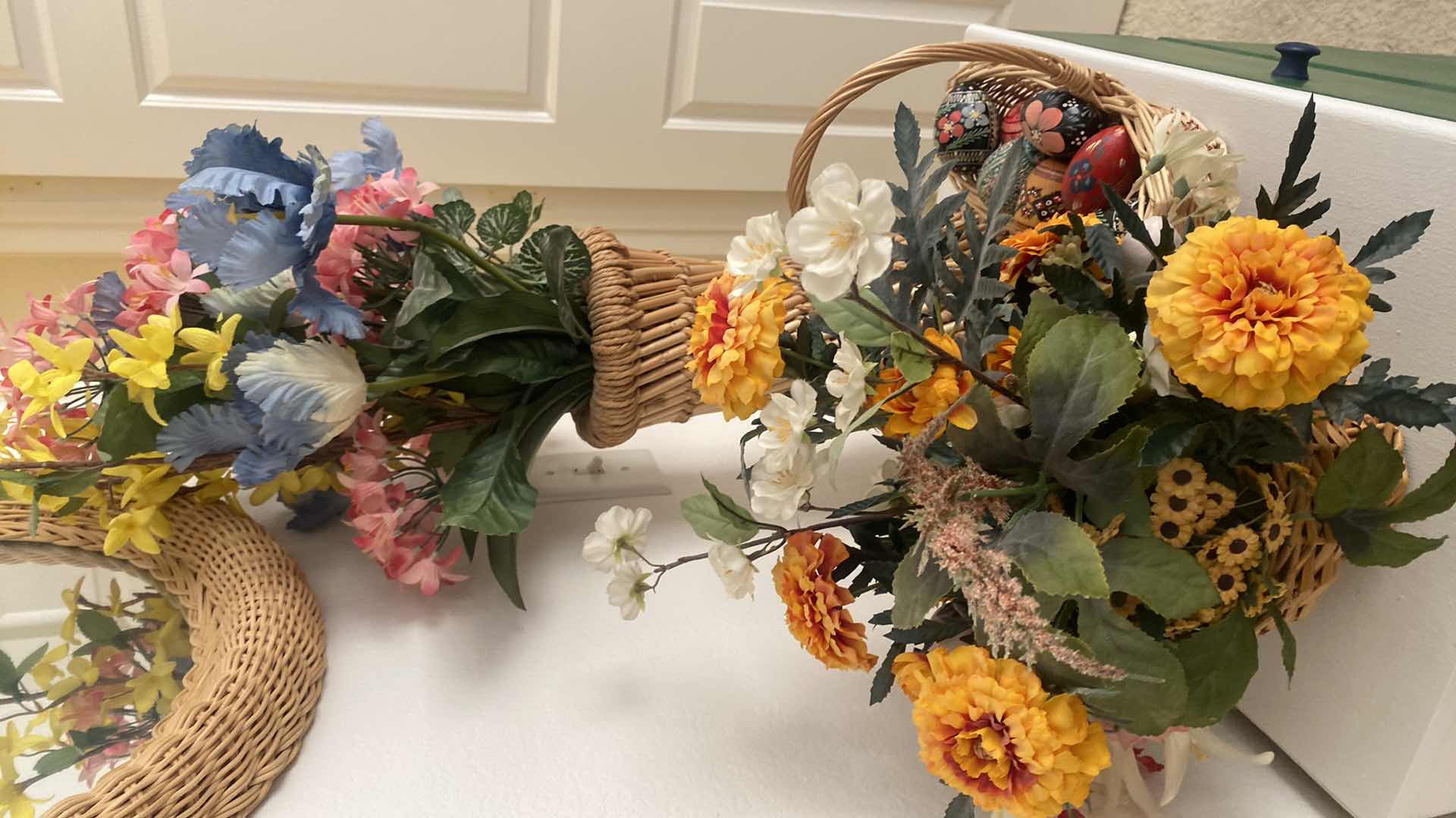 Photo 3 of 17” WICKER ROUND MIRROR 2 FLORALS & BASKET OF HAND PAINTED WOOD EGGS