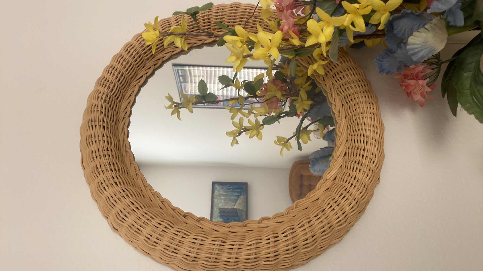 Photo 2 of 17” WICKER ROUND MIRROR 2 FLORALS & BASKET OF HAND PAINTED WOOD EGGS