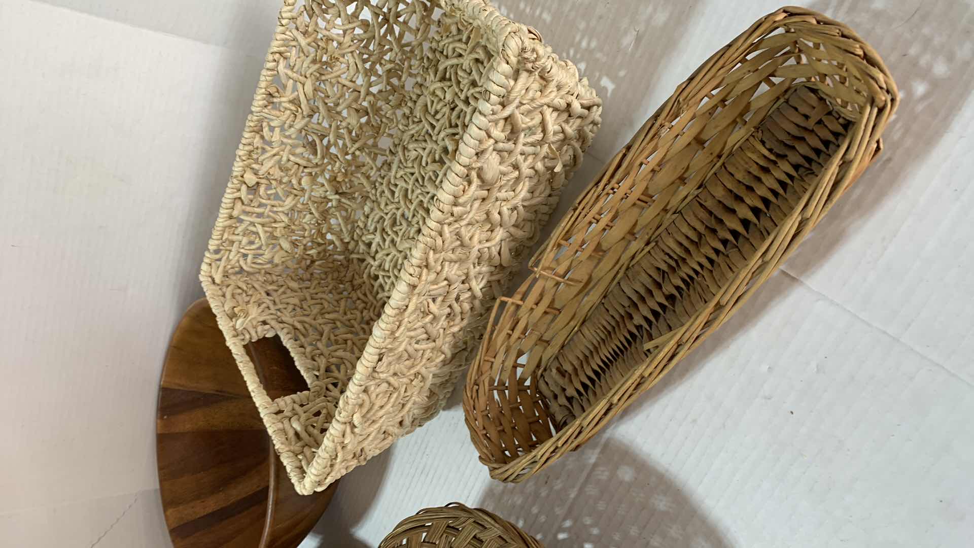 Photo 1 of 3-RATTAN BASKETS AND 2 LARGE WOODEN BOWLS