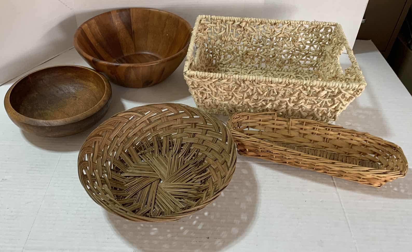 Photo 1 of 3-RATTAN BASKETS AND 2 LARGE WOODEN BOWLS