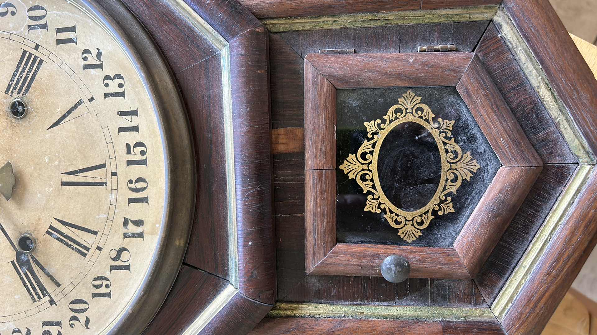 Photo 1 of ANTIQUE WATERBURY CLOCK  c. 1900 14“ x H22“.