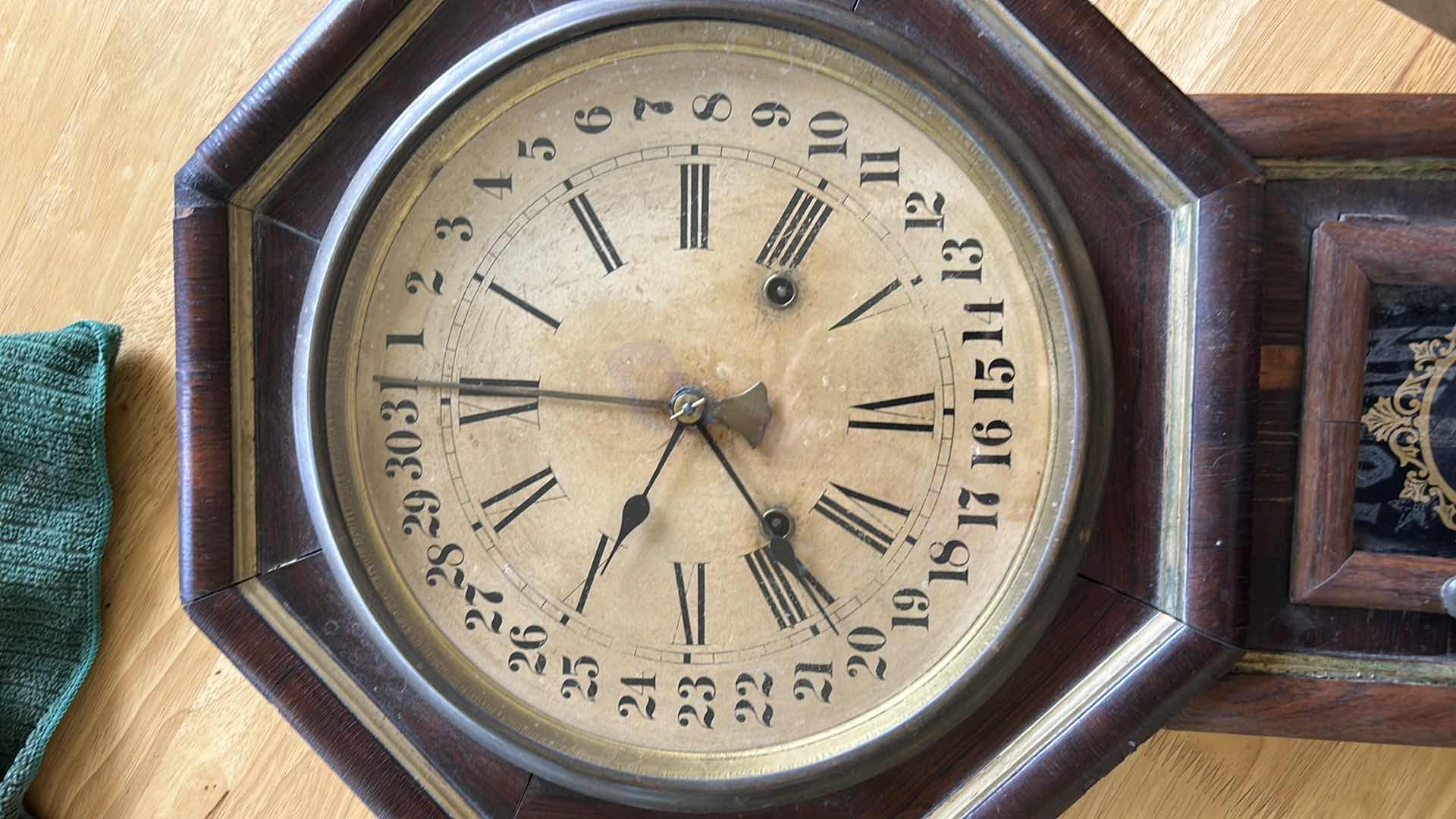 Photo 1 of ANTIQUE WATERBURY CLOCK  c. 1900 14“ x H22“.