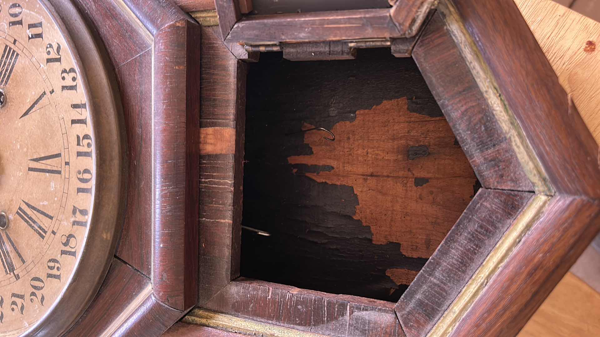 Photo 1 of ANTIQUE WATERBURY CLOCK  c. 1900 14“ x H22“.