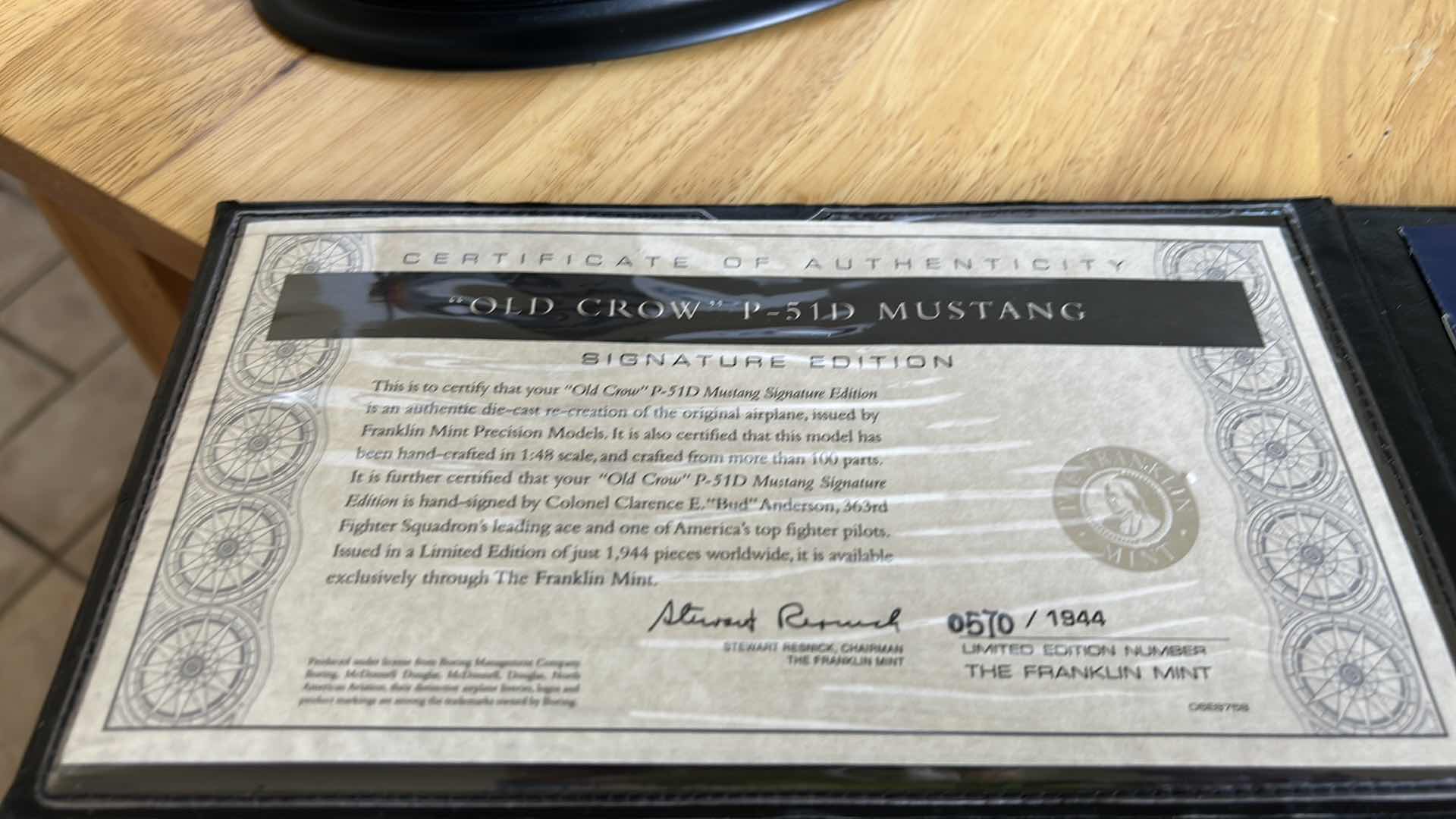Photo 1 of  MINT CONDITION IN BOX -NUMBERED SIGNATURE EDITION WITH COA - MODEL OF NIRTH AMERICAN P-51D MUSTANG FIGHTER PLANE. - specifically the "Old Crow" flown by WWII Triple Ace fighter pilot Colonel Clarence 'Bud' Anderson.