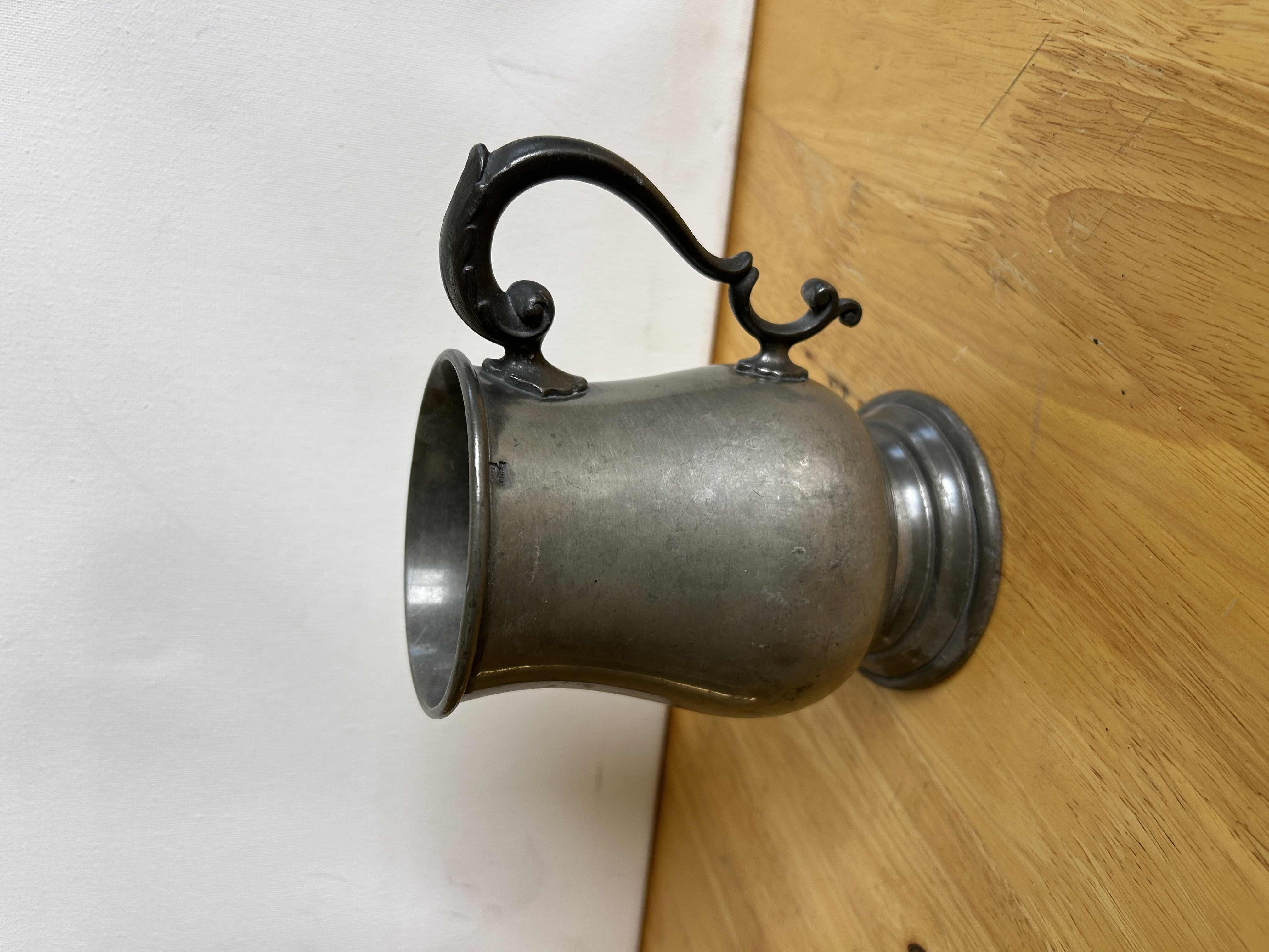 Photo 2 of ANTIQUE 18TH CENTURY HANDMADE PEWTER MUG WITH TOUCH MARK  H5”