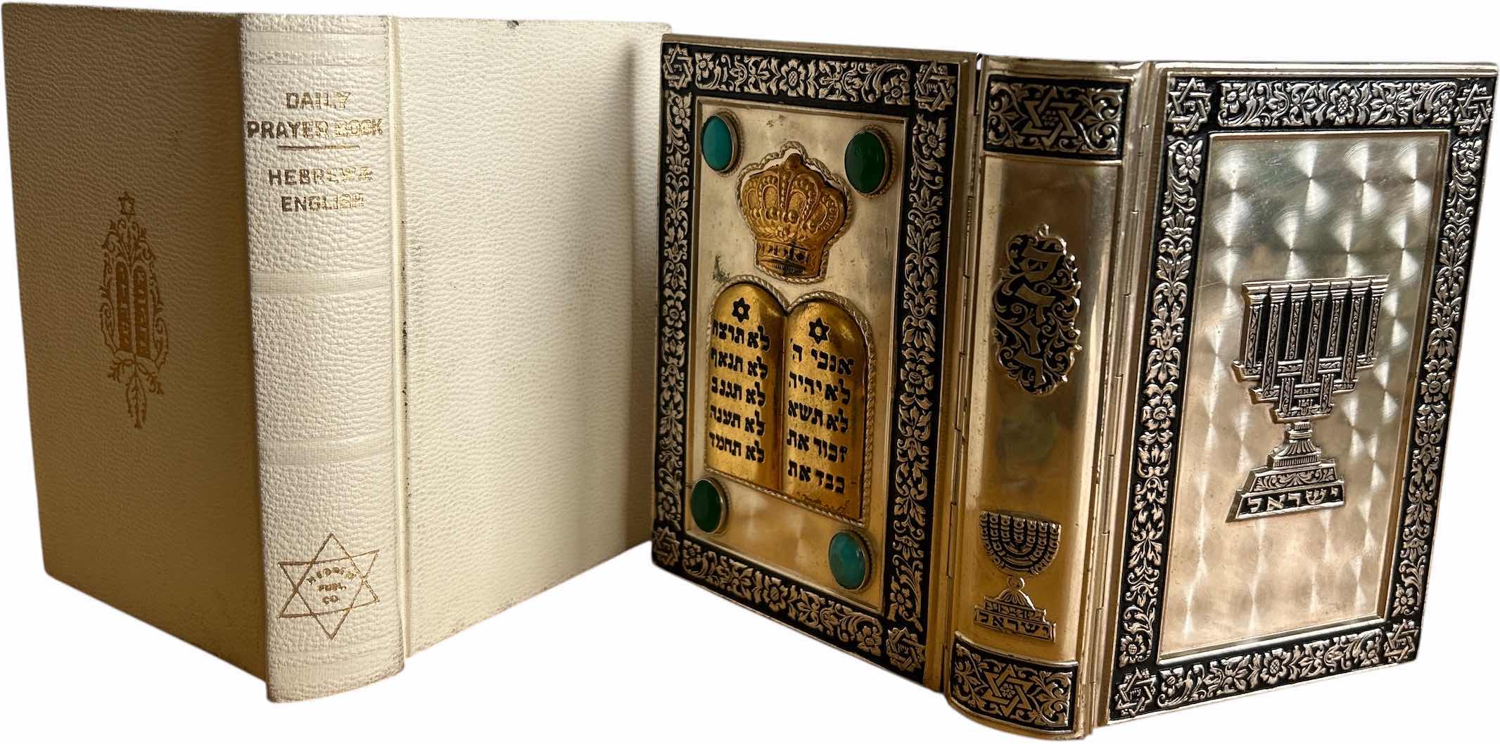 Photo 1 of 2 JEWISH DAILY PRAYER BOOKS, SILVER PLATED Siddur, which is a traditional Jewish prayer book.