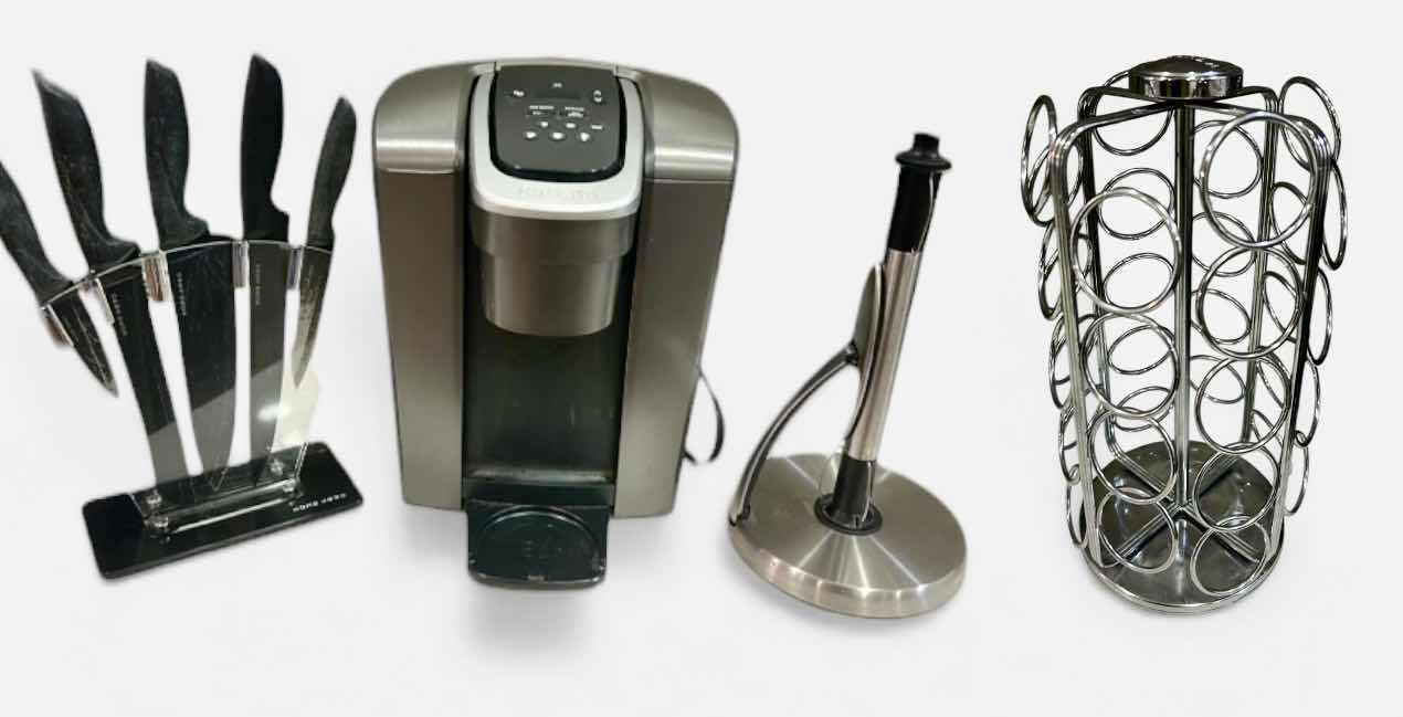 View 1 of 4 KITCHEN ITEMS, KERRIG COFFEE MAKER, POD HOLDER, KNIFE SET, PAPER TOWL HOLDER