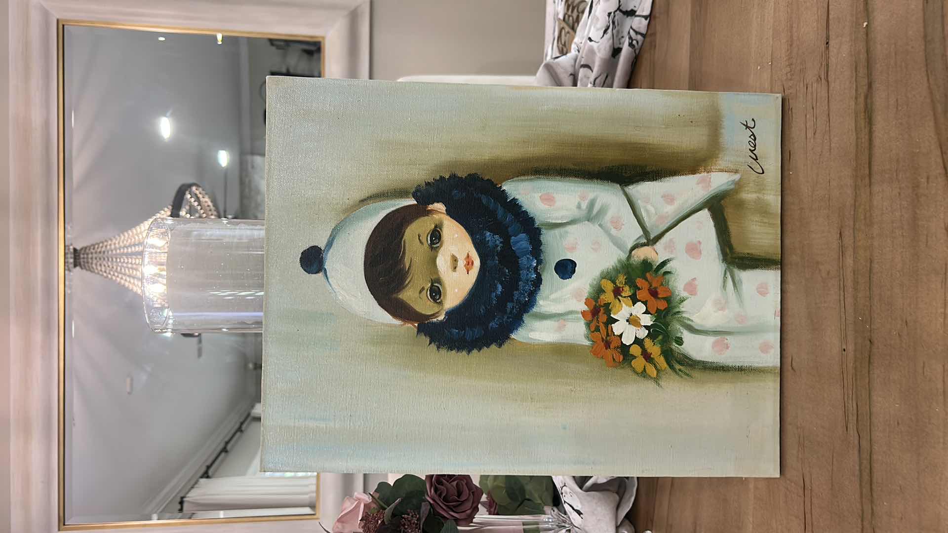 Photo 1 of UNFRAMED, SIGNED OIL ON CANVAS, HARLEQUINS BOUQUET ARTWORK CREST 12” x H16”