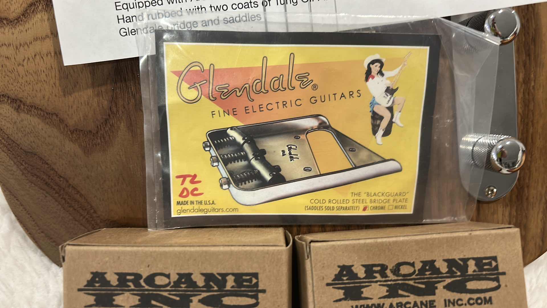 Photo 1 of WARMOTH GUITAR PARTS COMPANY TELECASTER
WARMOTH TELECASTER STYLE BODY
WARMOTH STANDARD THIN ROASTED MAPLE NECK
FENDER LOCKING TUNERS
EQUIPPED WITH ARCANE 50 EXPERIENCE TELE SET PICKUPS
HAND RUBBED WITH TWO COATS OF TUNG OIL FINISH 
GLENDALE BRIDGE AND SAD