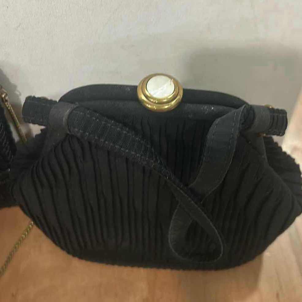 Photo 1 of VINTAGE 1930S ART DECO BLACK HANDBAG WITH DECORATIVE PLEATING & VINTAGE BLACK BEADED CLUTCH