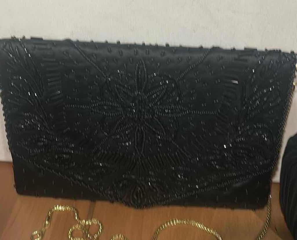 Photo 1 of VINTAGE 1930S ART DECO BLACK HANDBAG WITH DECORATIVE PLEATING & VINTAGE BLACK BEADED CLUTCH