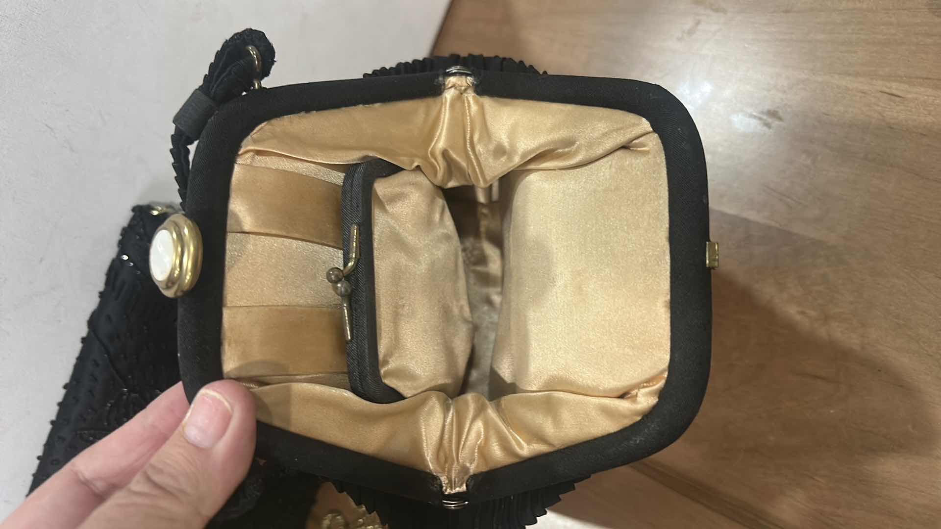 Photo 1 of VINTAGE 1930S ART DECO BLACK HANDBAG WITH DECORATIVE PLEATING & VINTAGE BLACK BEADED CLUTCH