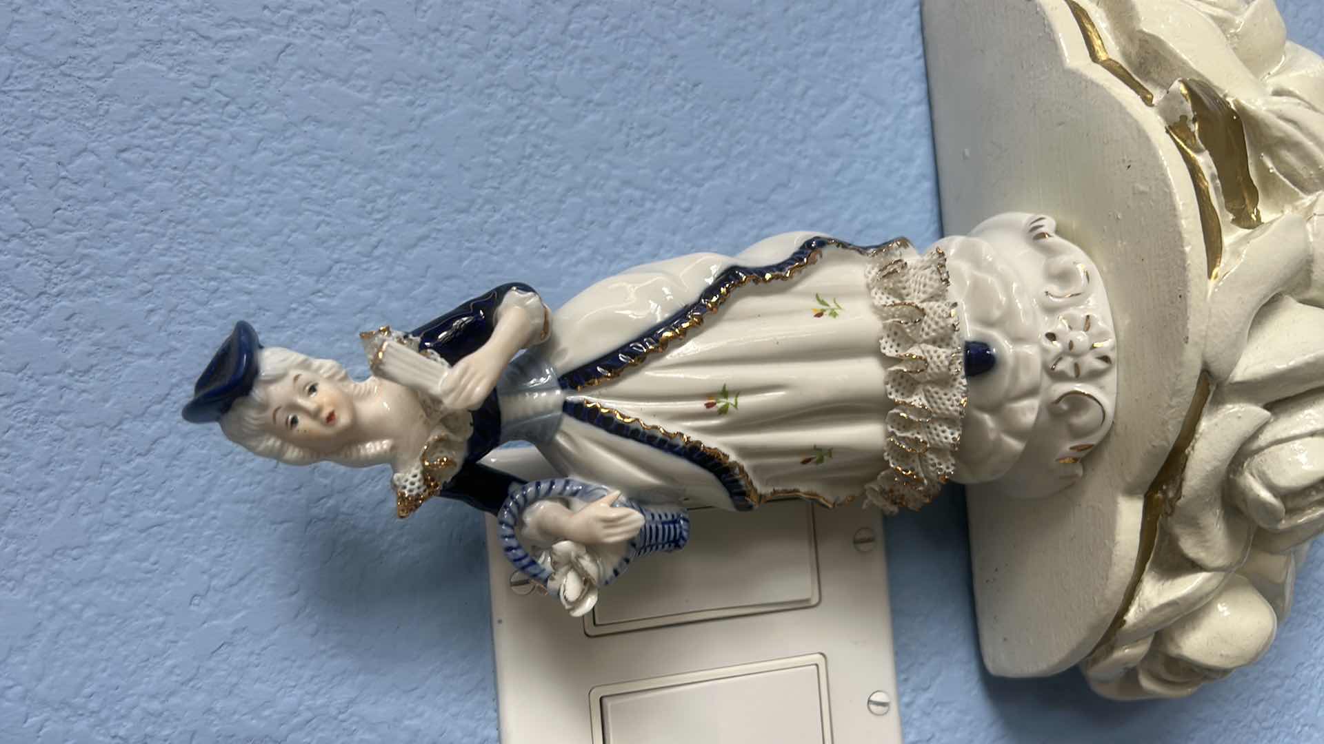 Photo 1 of 2 VINTAGE WALL SCONCES H9” AND TWO PORCELAIN STATUES H8.5”