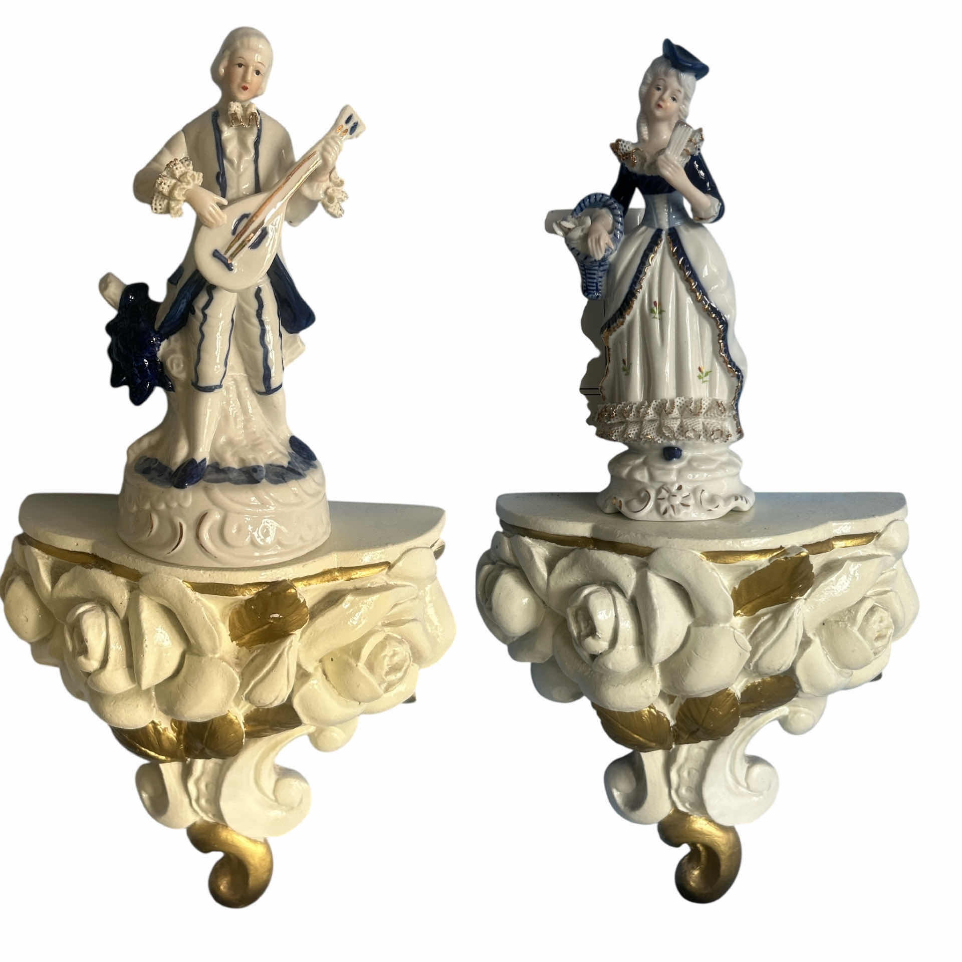 Photo 1 of 2 VINTAGE WALL SCONCES H9” AND TWO PORCELAIN STATUES H8.5”