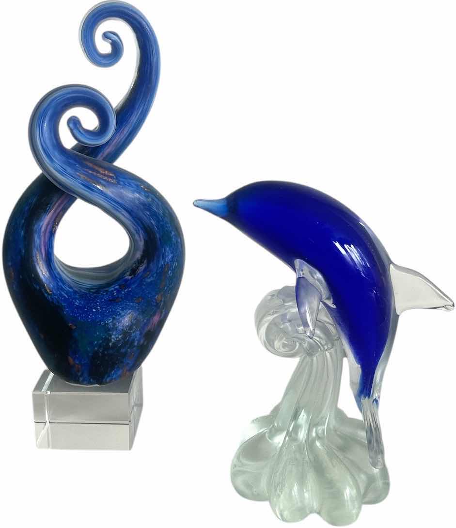 Photo 1 of 2 ART GLASS PIECES, DOLHIN AND WAVES H11”