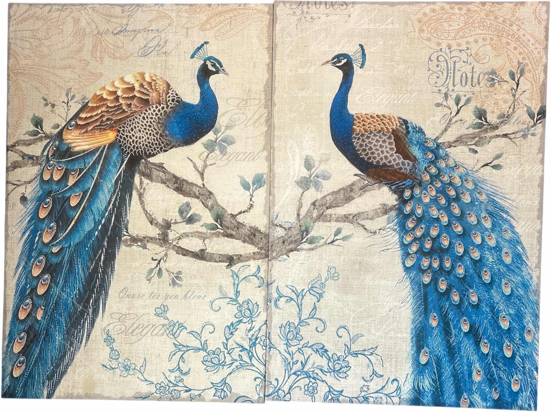 Photo 1 of 2 STRETCHED CANVAS PEACOCK ARTWORK PIECES, EA 24” x 35 1/2”