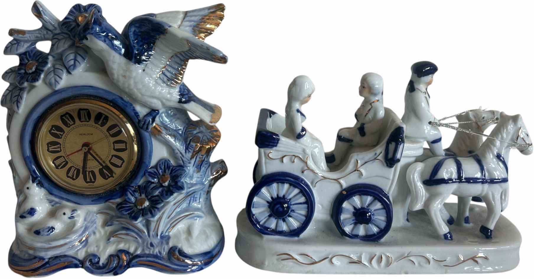 Photo 1 of 2- BLUE AND WHITE PORCELAIN PIECES, MANTLE CLOCK H6.5” AND CARRIAGE