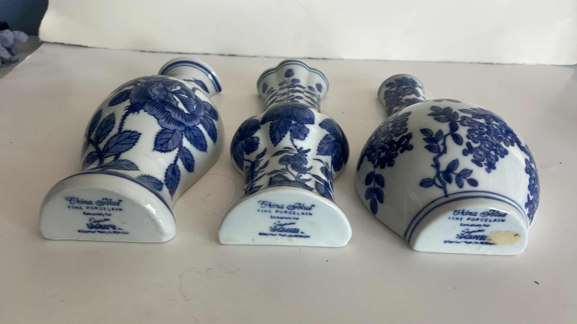 Photo 1 of 3 - FINE PORCELAIN BLUE AND WHITE WALL VASES H10”