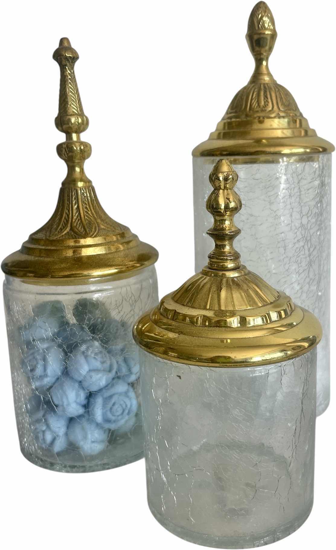 Photo 1 of 3 CRACKLE GLASS GOLD TOPPED CANISTERS (TALLEST H 11.5”)