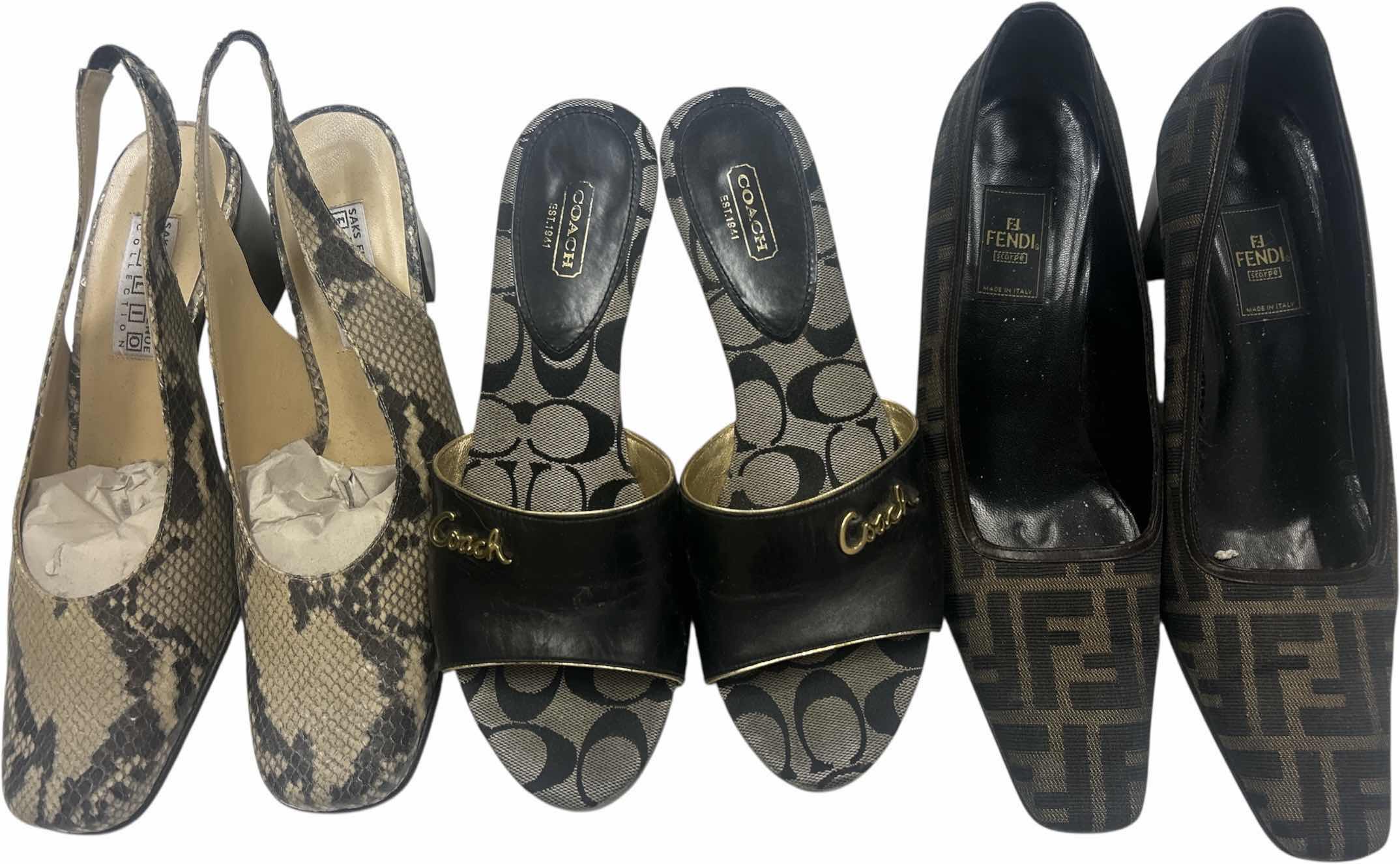 Photo 1 of 3 PAIRS WOMENS DESIGNER SHOES- COACH, FENDI & SAKS FIFTH AVE SIZE 10