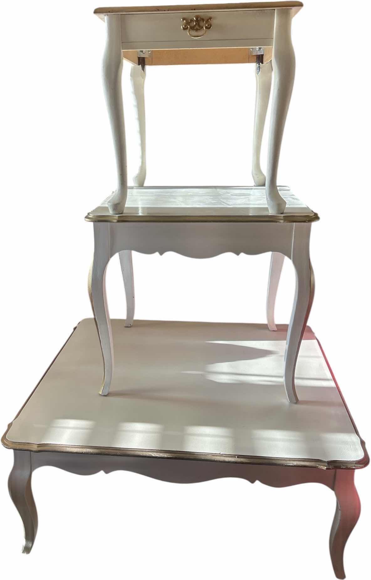 Photo 1 of 3 WHITE AND GOLD TABLES ( LARGEST MEASURES 40” x 40” x H15 1/2”)