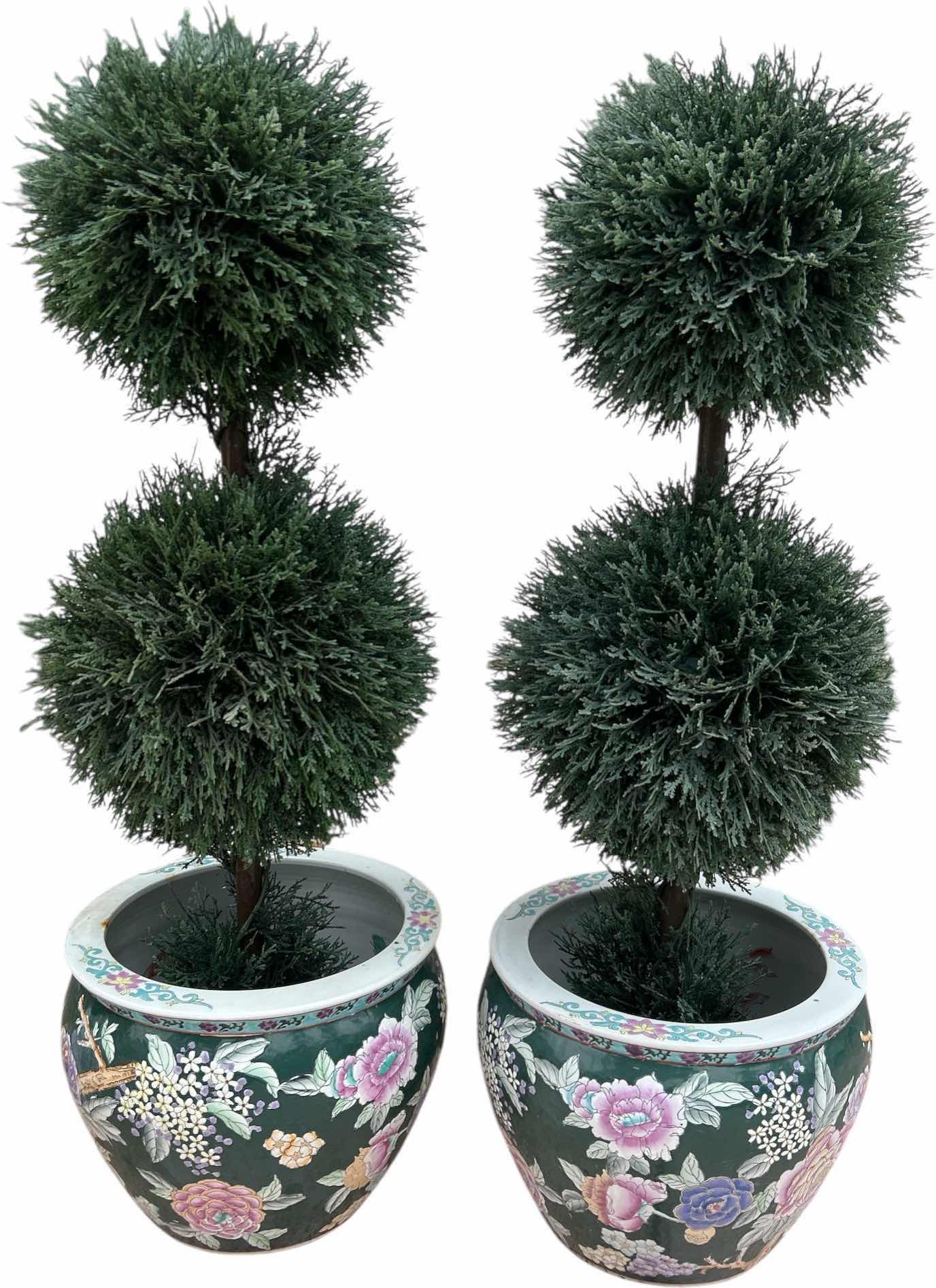 Photo 1 of 2 PORCELAIN POTS AND TWO FAUX PLANTS H37”