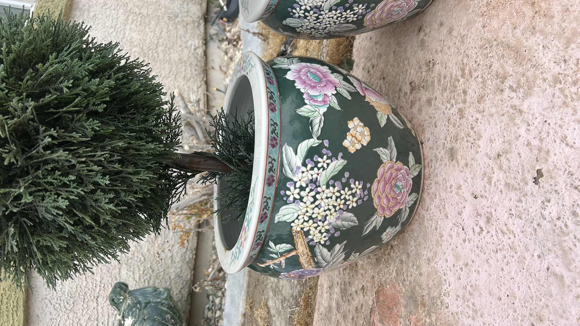 Photo 1 of 2 PORCELAIN POTS AND TWO FAUX PLANTS H37”