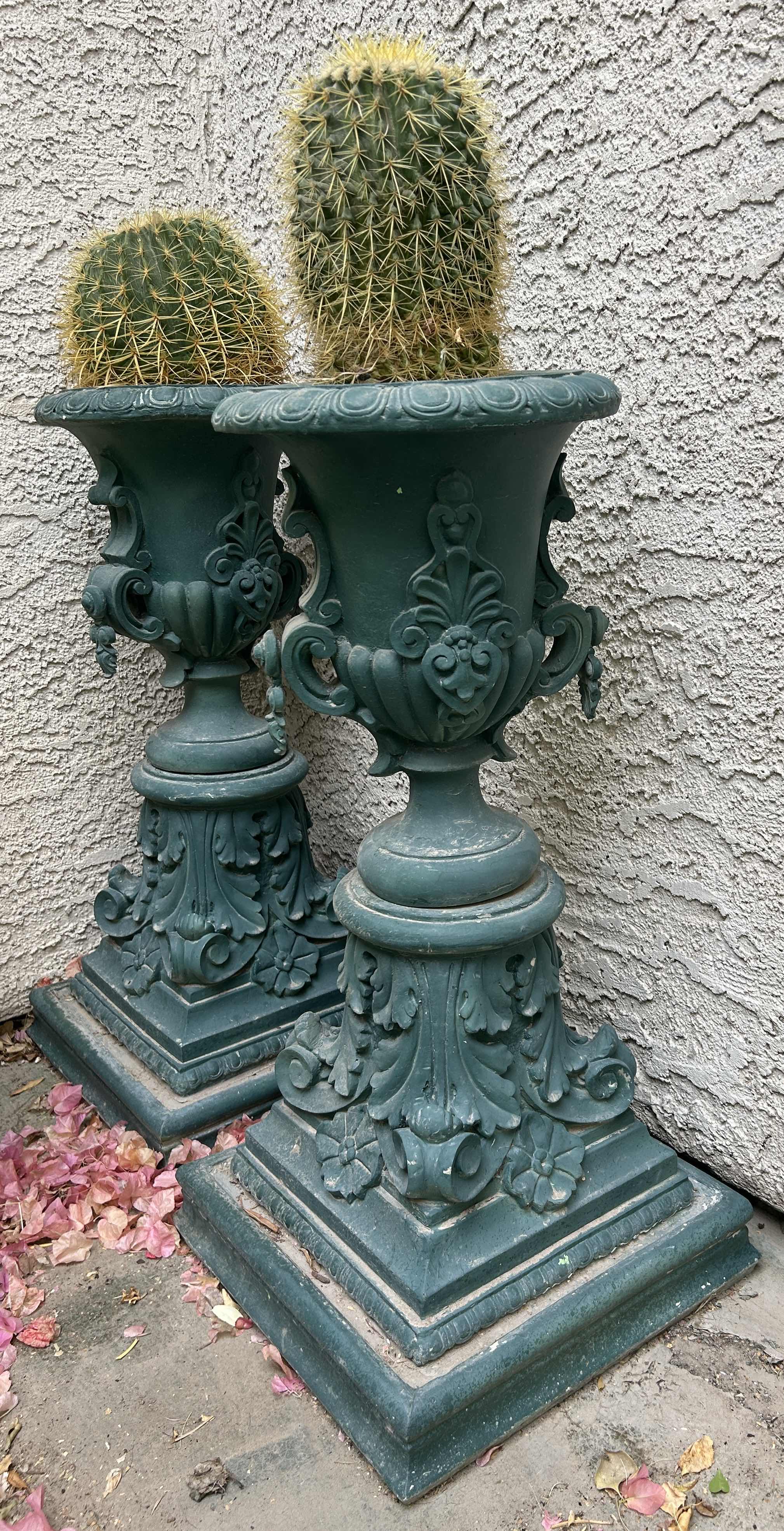 Photo 1 of 2 RESIN PEDESTAL PLANTERS WITH LIVE CACTUS H40”