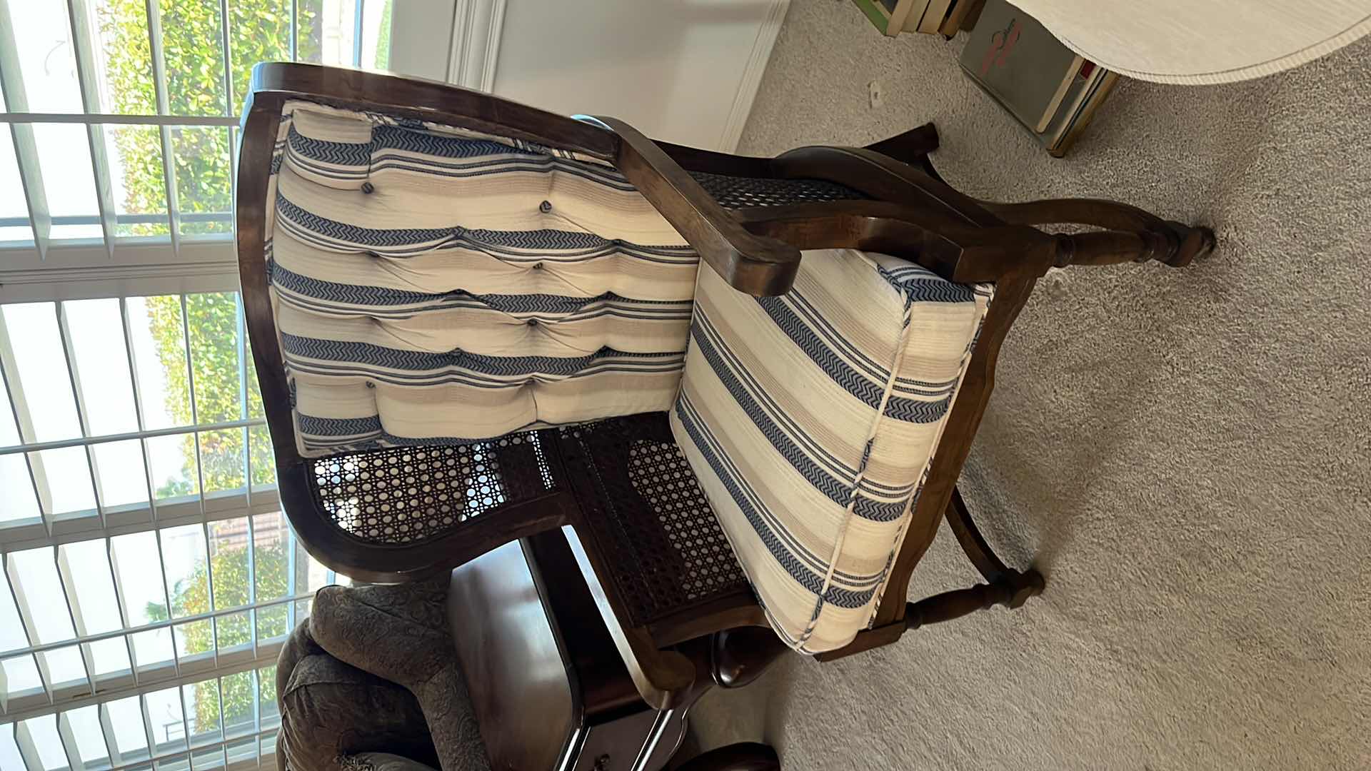 Photo 1 of VINTAGE RATTAN W WOOD WING BACK CHAIR W FABRIC SEAT/BACK