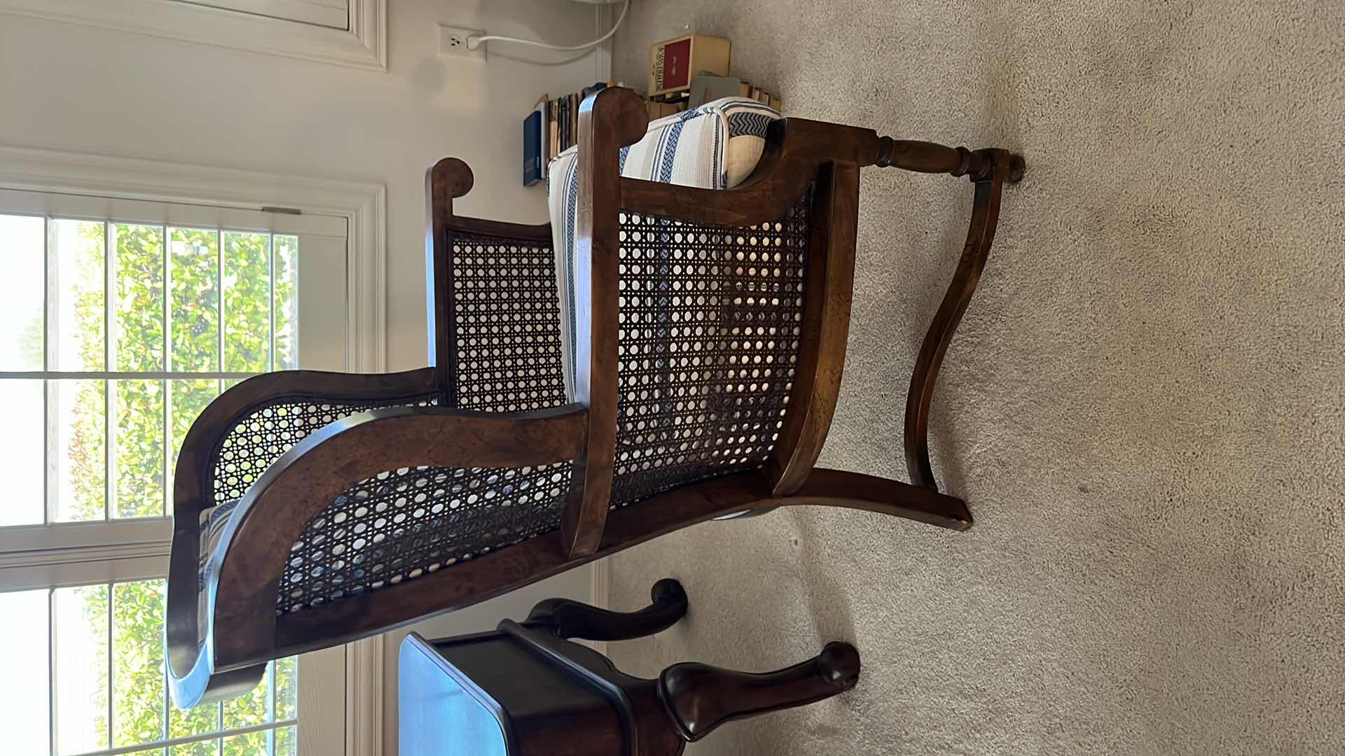 Photo 1 of VINTAGE RATTAN W WOOD WING BACK CHAIR W FABRIC SEAT/BACK