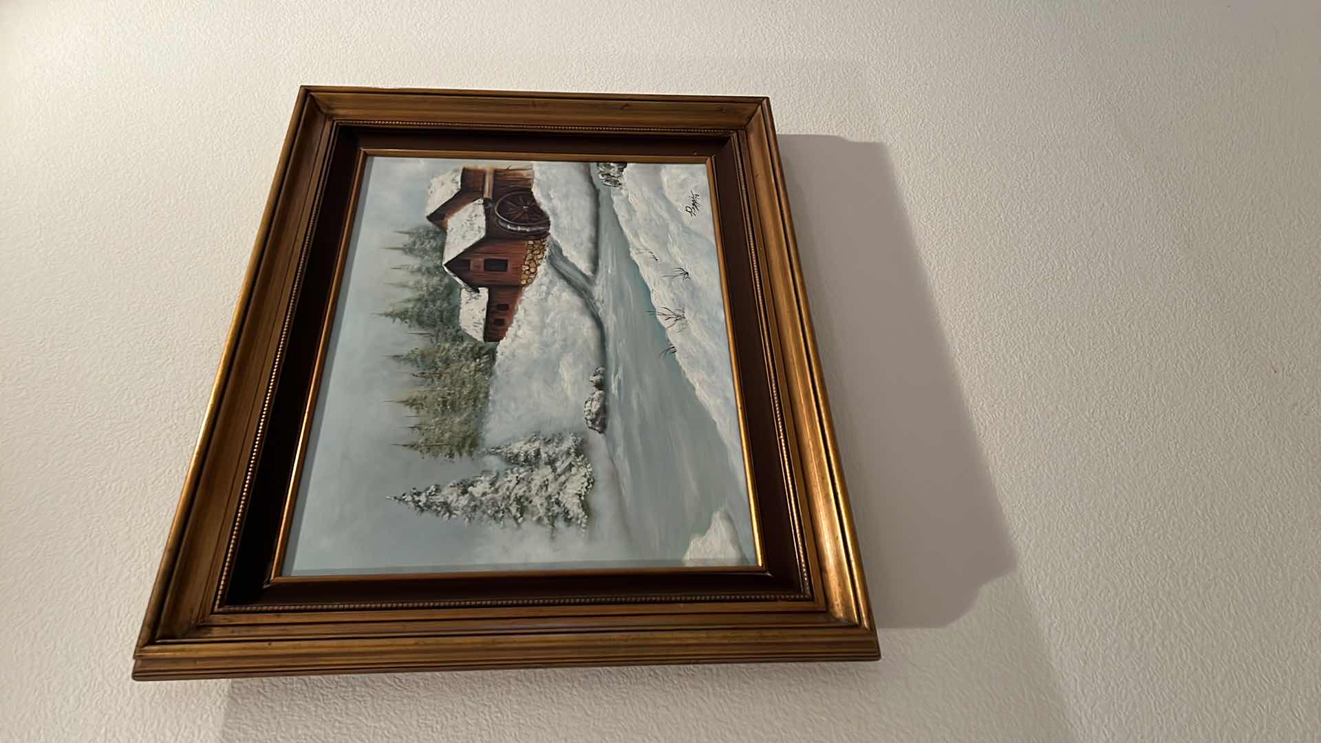 Photo 1 of 1978 GOLD FRAMED CUSTOM ARTIST SIGNED “CABIN IN THE SNOW” CANVAS OIL PAINTING 31” x 25”