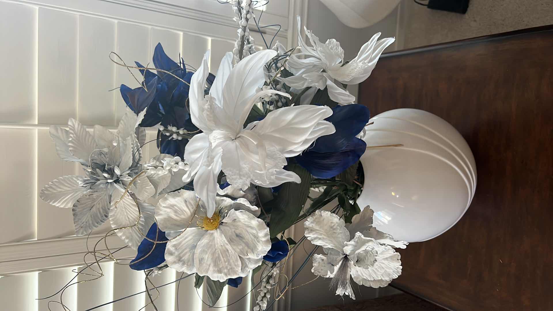 Photo 1 of WHITE VASE W BLUE & WHITE FAUX FLOWERS H36”