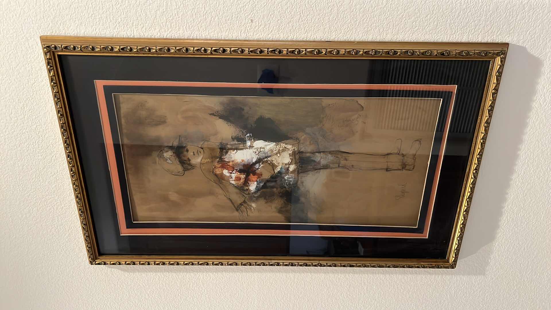 Photo 1 of GOLD FRAMED “BOY W FLOWERS” SIGNED ARTWORK 18” x 30”