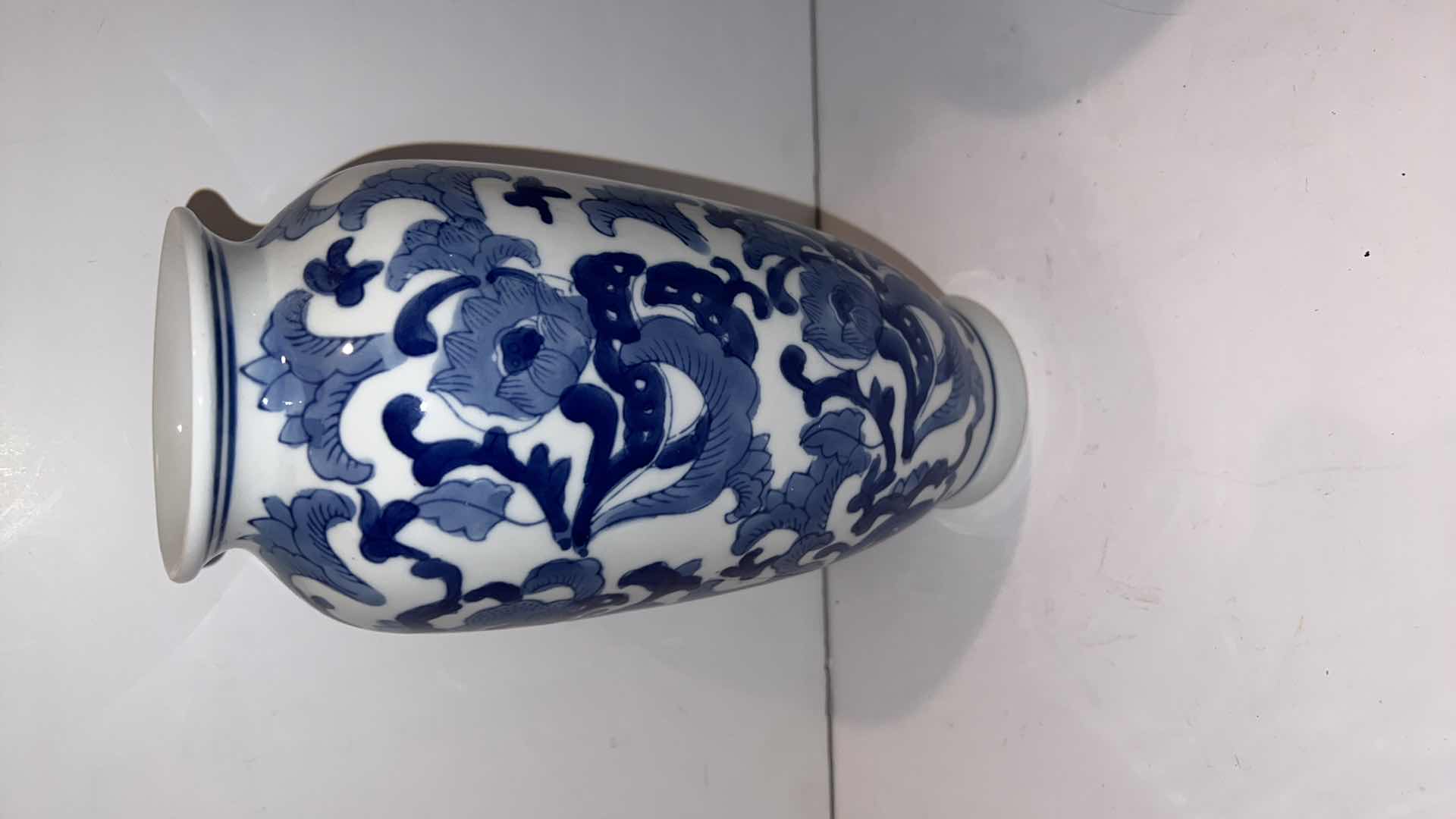 Photo 1 of 3-BLUE & WHITE CERAMIC VASE JARS ( TALLEST HEIGHT 10”)